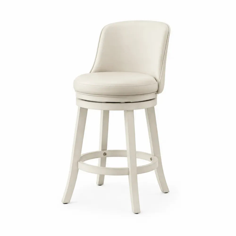 Barhocker mit Rückenlehne 360° drehbar gepolstert PU-Kunstleder Kautschukholz Cremeweiß Weiß Silberfarben Schwarz 45 x 53 x 103 cm