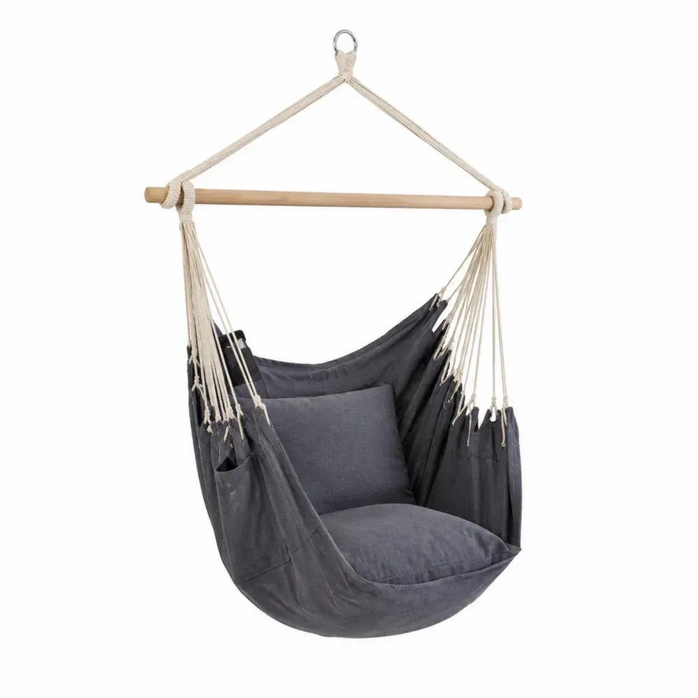 Hängesessel Hängematte mit Kissen Dunkelgrau Naturfarben Silberfarben 100 x 65 x 150 cm Baumwoll Polyester Gewebe Buchenholz