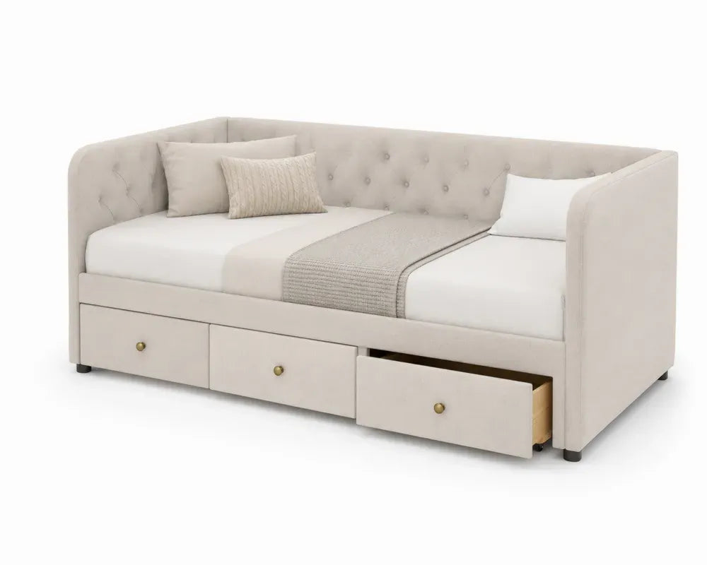 Tagesbett mit 3 Schubladen gepolstert rechteckig Polyestergewebe Kiefernholz MDF Beige Goldfarben Schwarz 212 x 101 x 90 cm