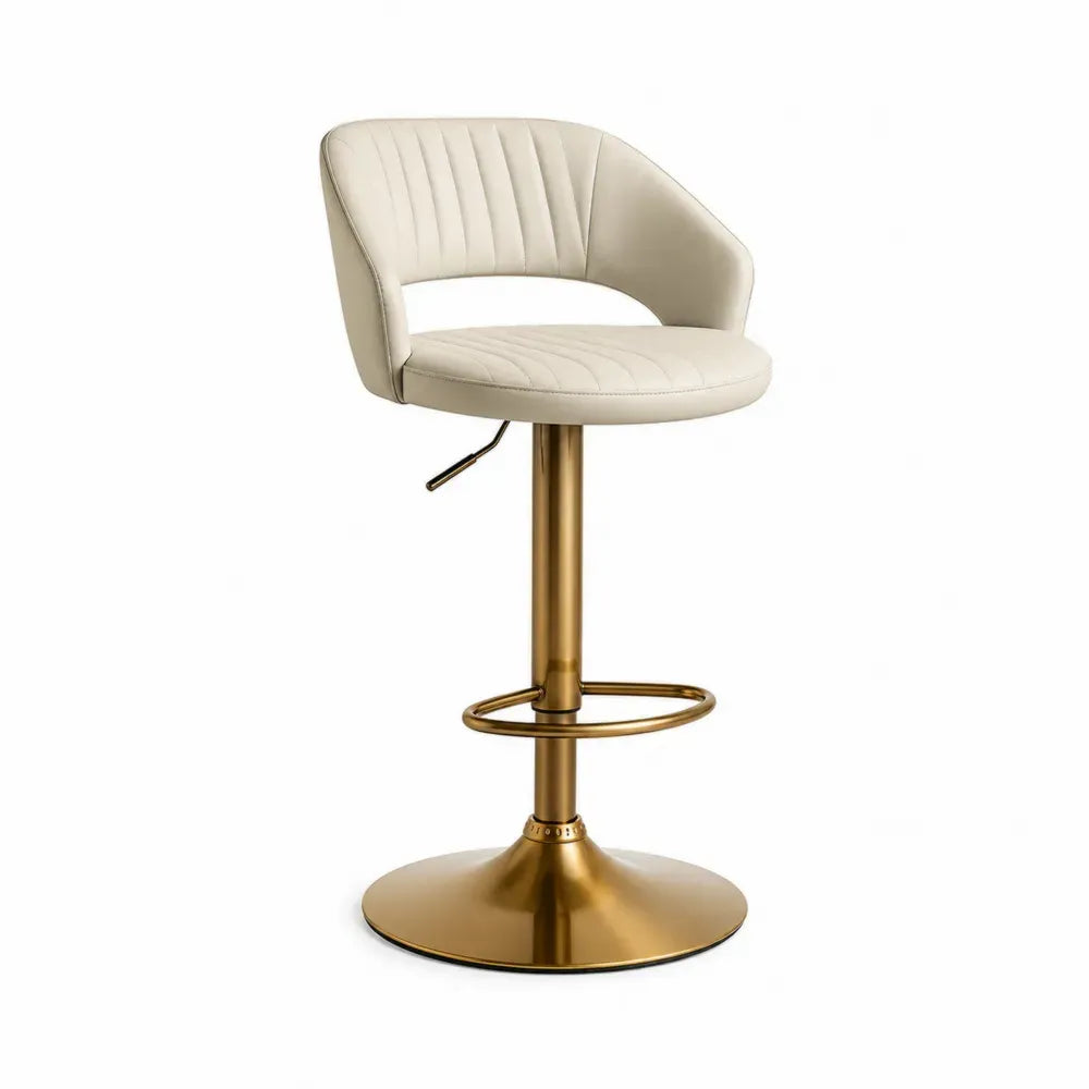 Barhocker höhenverstellbar drehbar mit runder Bodenplatte PU-Leder Stahl Cremeweiß Goldfarben 52 x 50 x 86 bis 106 cm