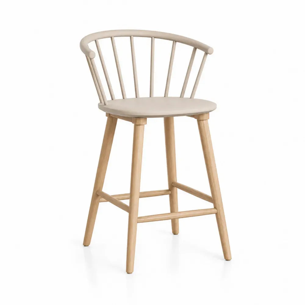 Barhocker Tresenhocker mit Spindellehne runder Sitzfläche massives Kautschukholz Beige Naturholzfarben 56 x 50 x 101 cm