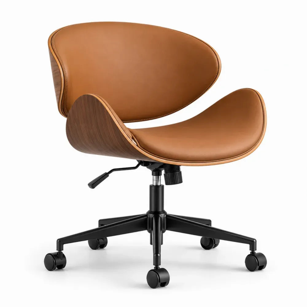 Bürostuhl Computerstuhl höhenverstellbar drehbar Schalenform PU-Kunstleder Walnussfurnier Stahl Cognacbraun Walnussbraun Schwarz 62 x 62 x 78-90 cm