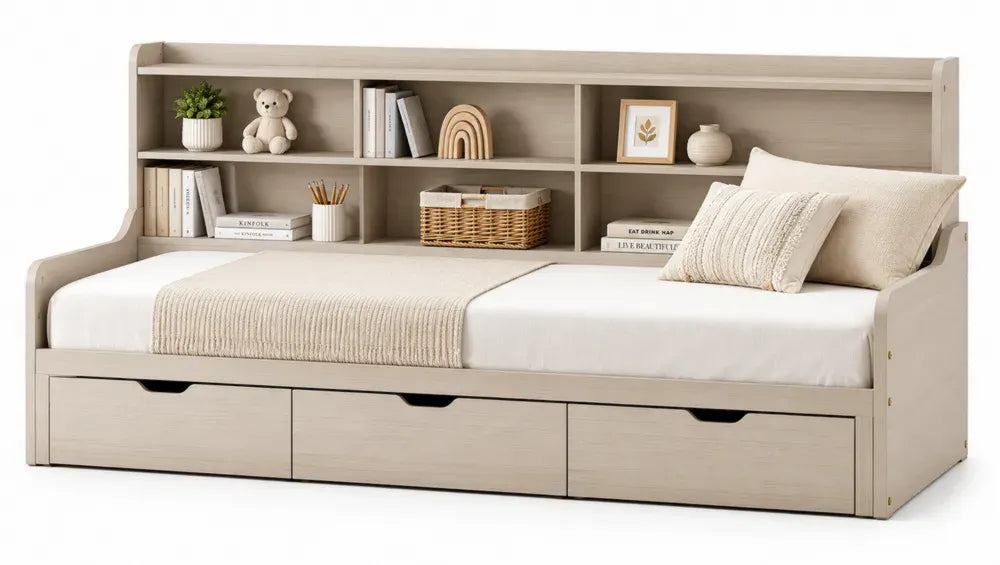 Rechteckiges Tagesbett 90 x 200 cm mit Regal und 3 Schubladen Spanplatte Eiche hell Schwarz 206 x 96 x 118 cm