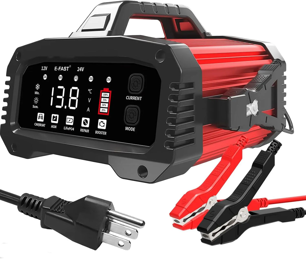 Lader LiFePO4 met 25A, 12V en digitaal display, 12V/24V alles-in-één oplader