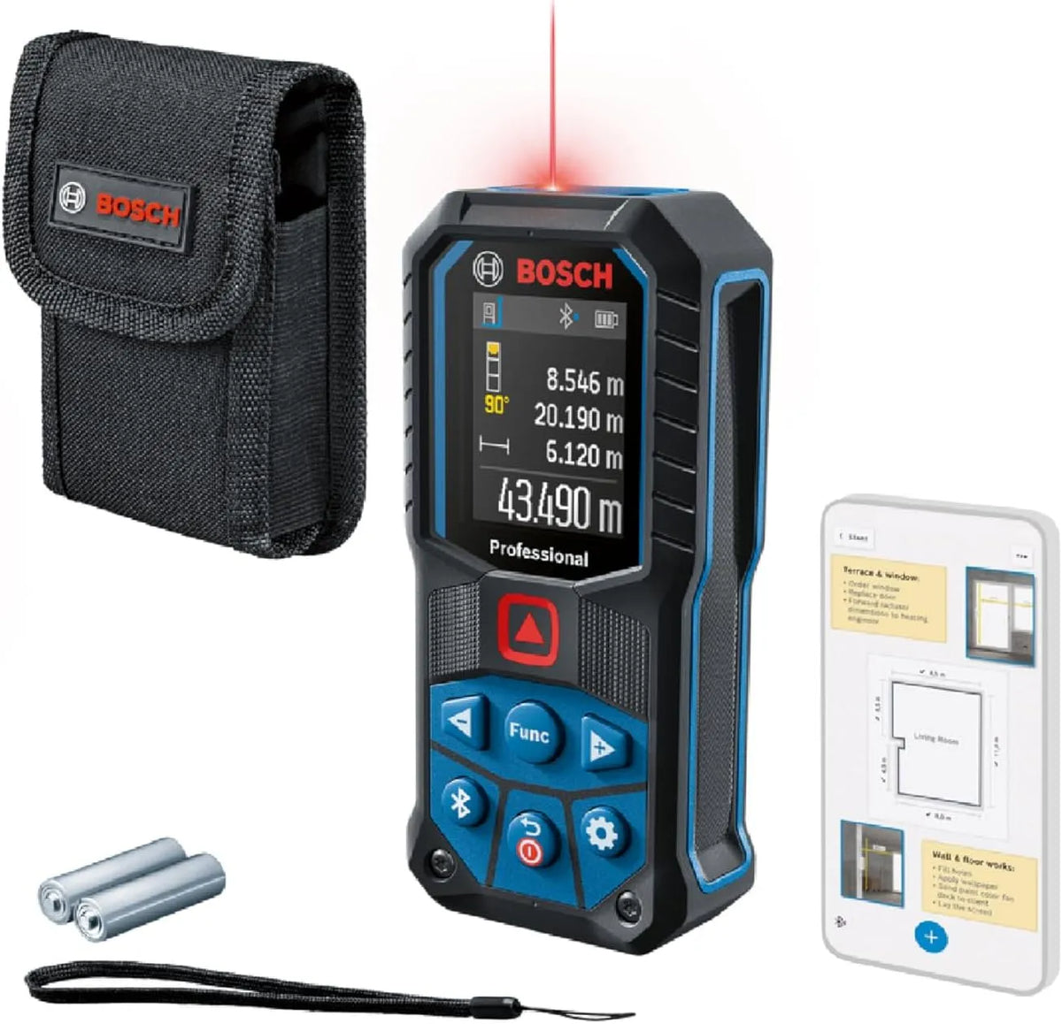 Meter, Bosch Professional, 2x AA-batterijen, robuust, handlus, etui, IP65, gegevensoverdracht via Bluetooth