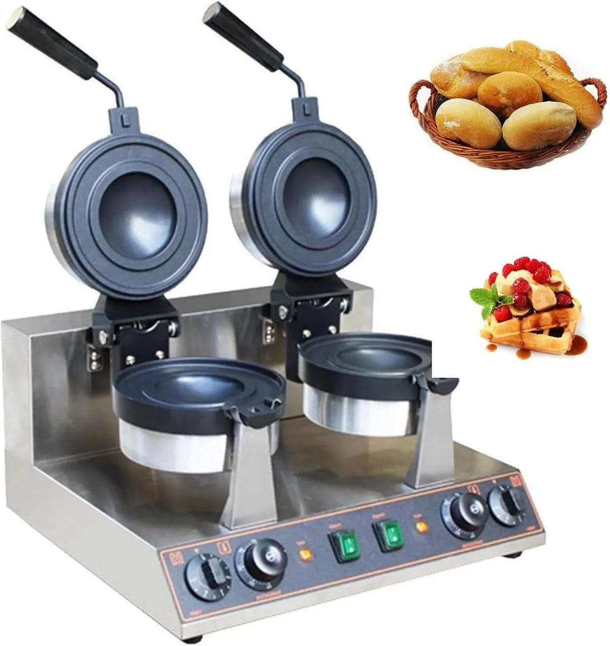 En Hamburger Machine met 47 x 25 x 30 cm, 10 x 2,5 cm, 50 x 39 x 30 cm, 220 V, 50 Hz, 1300 W en 2600 W