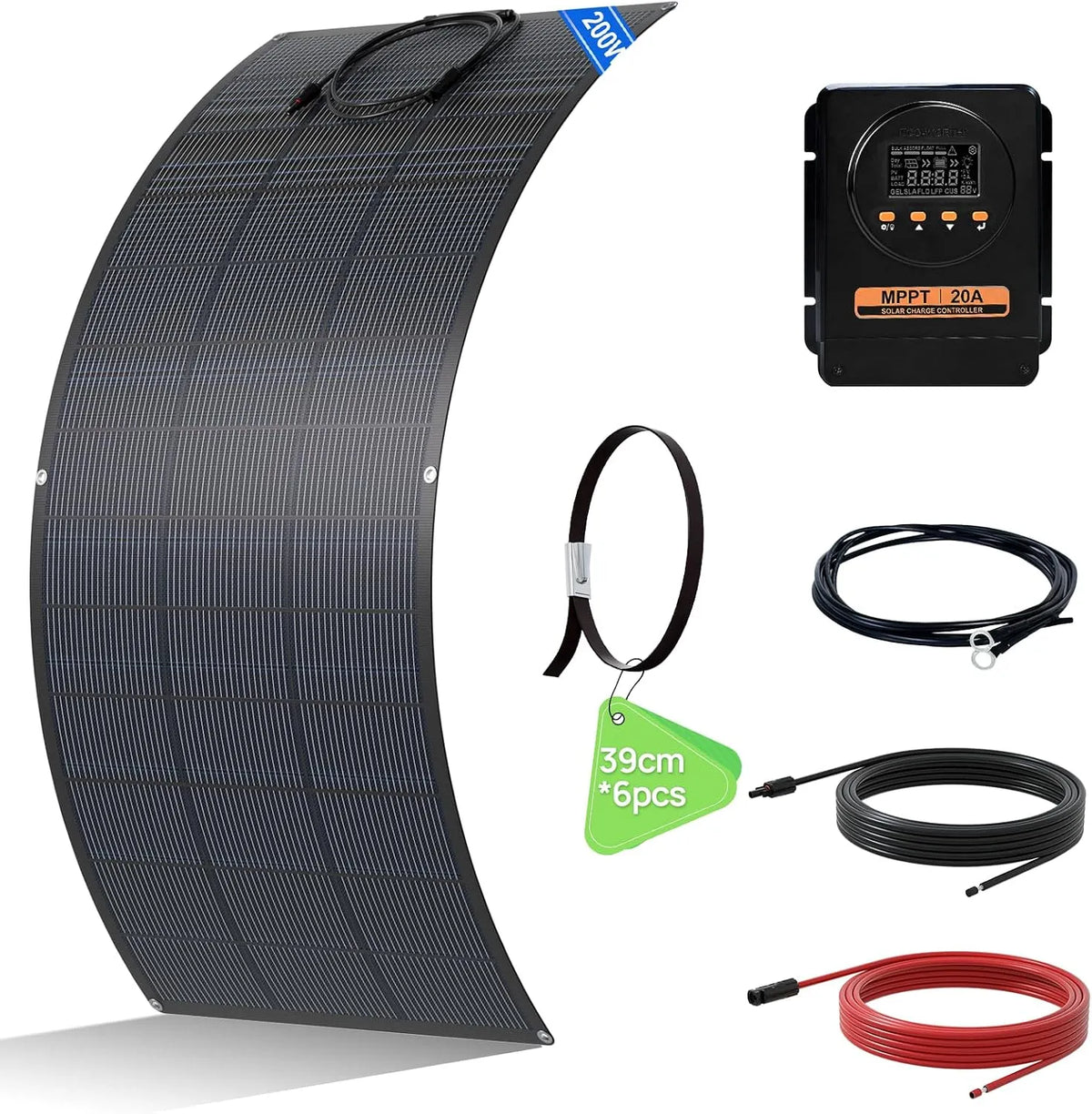 Zonnepaneel met MPPT-laadregelaar 20 A met zonnekabel voor caravan, boot, 200 W off-grid: flexibel zonnepaneel 200 W, camper en aanhanger, cabine