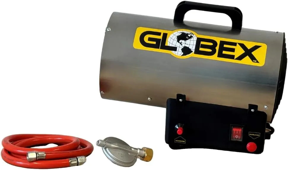 GLOBEX Gas-heteluchtgenerator, GLOBEX Gas-heteluchtgenerator, RVS, hittebestendig, compleet met slang en regelaar, compact formaat en gering gewicht