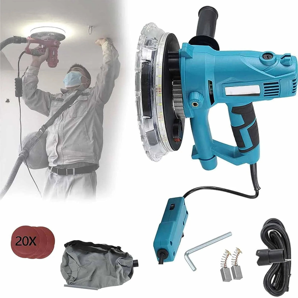 Machine, 1800 W, 1000-2100 RPM, gipsplaatschuurmachine met vacuümstofafscheider