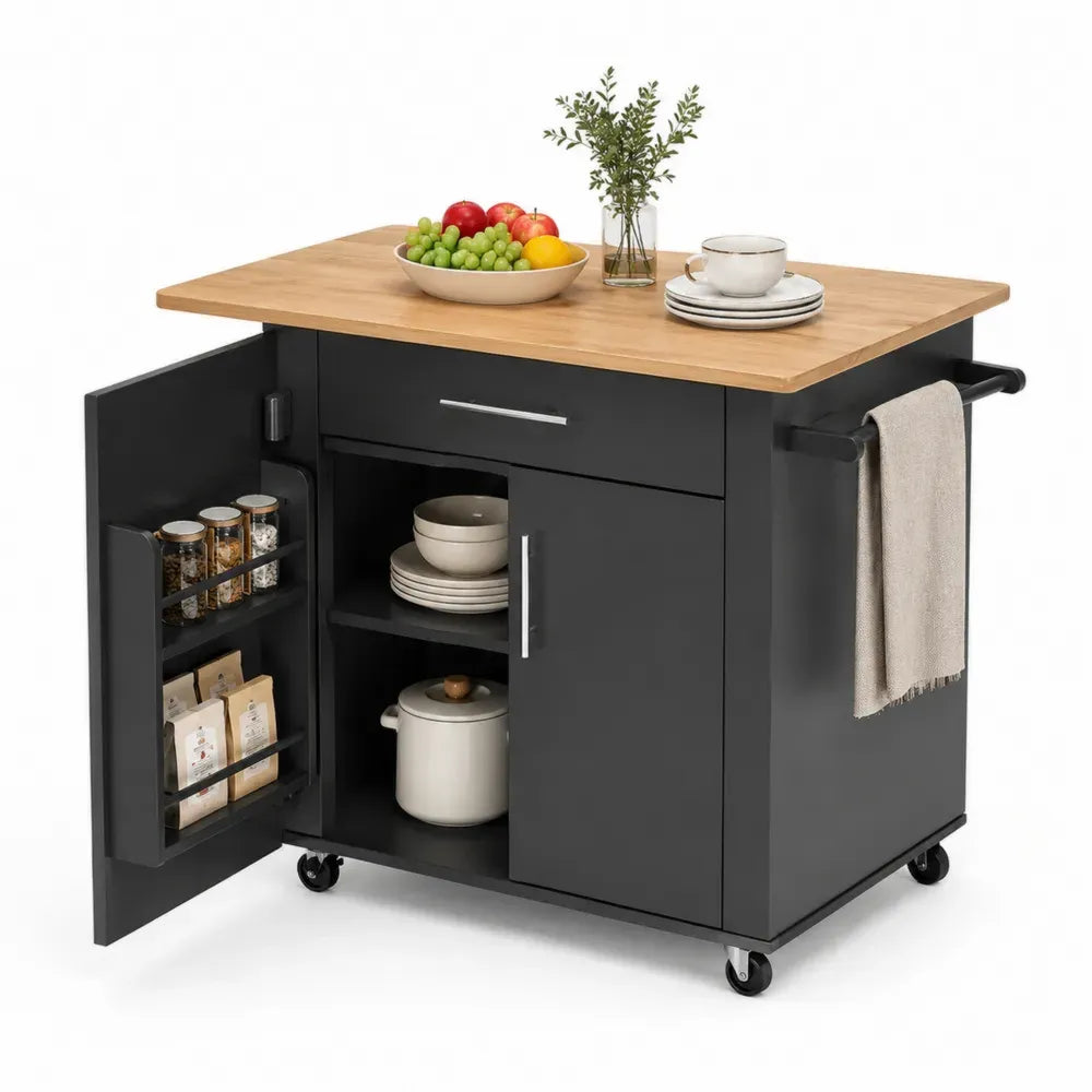 Rechteckiger Küchenwagen Rollwagen mit Schublade Türen Bambusplatte MDF Schwarz Natur Silberfarben 107 x 45 x 91 cm