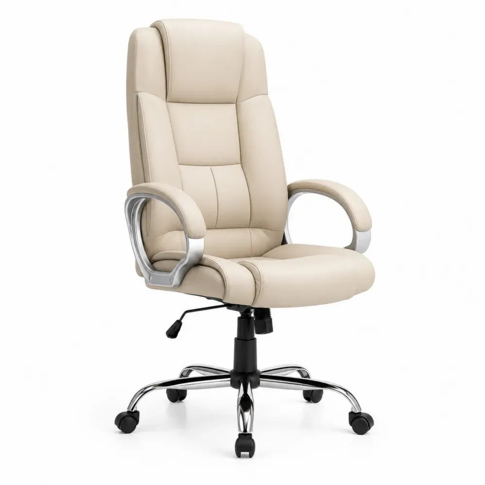 Höhenverstellbarer Bürostuhl Computerstuhl 68 x 70 x 112-122 cm PU-Kunstleder rechteckige Sitzfläche Beige Silberfarben Schwarz