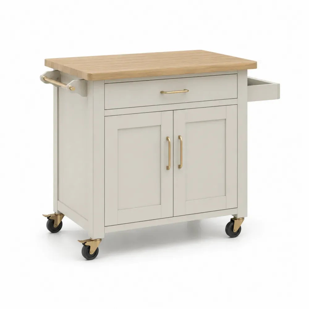 Küchenwagen mit Arbeitsplatte 1 Schublade 2 Türen 4 Rollen MDF Kautschukholz Cremeweiß Naturfarben Goldfarben Schwarz 110 x 48 x 90 cm