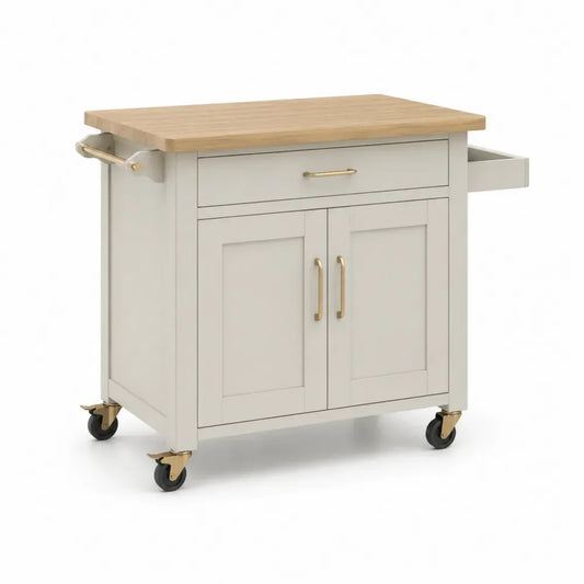 Küchenwagen mit Arbeitsplatte 1 Schublade 2 Türen 4 Rollen MDF Kautschukholz Cremeweiß Naturfarben Goldfarben Schwarz 110 x 48 x 90 cm