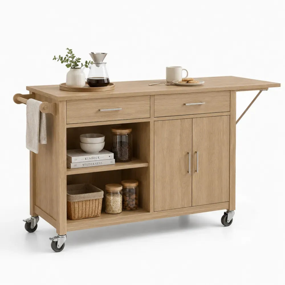 Rechteckiger Küchenwagen mit Klappplatte 2 Schubladen 2 Türen MDF Spanplatte Eiche hell Silberfarben Schwarz 120 bis 150 x 45 x 88 cm