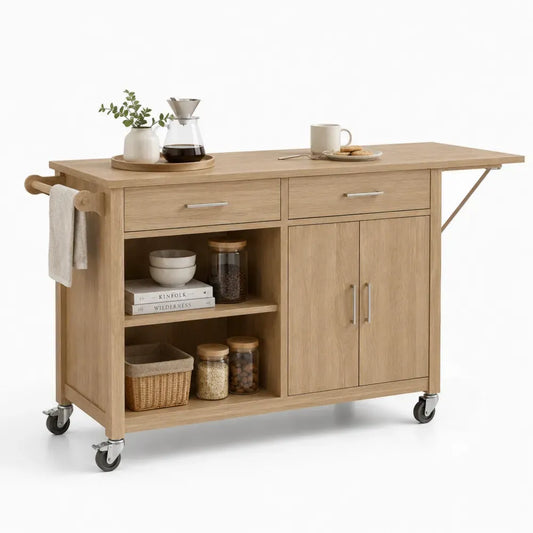 Rechteckiger Küchenwagen mit Klappplatte 2 Schubladen 2 Türen MDF Spanplatte Eiche hell Silberfarben Schwarz 120 bis 150 x 45 x 88 cm