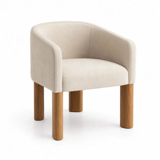 Esszimmerstuhl Polstersessel mit Armlehnen halbrunde Rückenlehne Polyester-Velours Kautschukholz Beige Naturfarben 64 x 58 x 78 cm