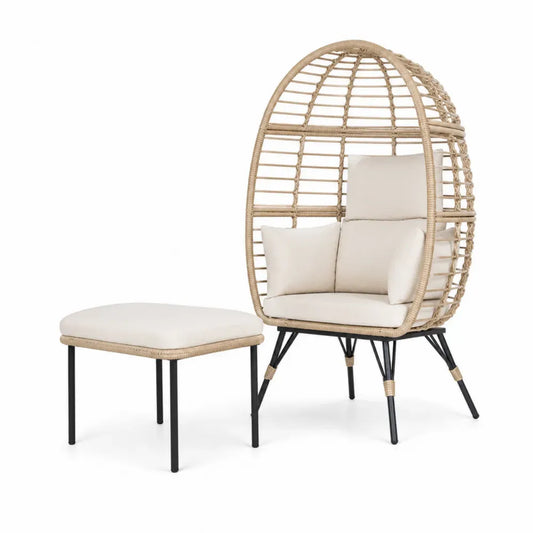 2-teiliges Garten Eiersessel Set mit Hocker PE-Rattan Stahl Polyester naturbeige beige schwarz 90 x 86 x 158 cm