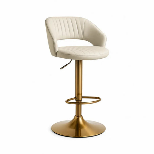 Barhocker höhenverstellbar drehbar mit runder Bodenplatte PU-Leder Stahl Cremeweiß Goldfarben 52 x 50 x 86 bis 106 cm