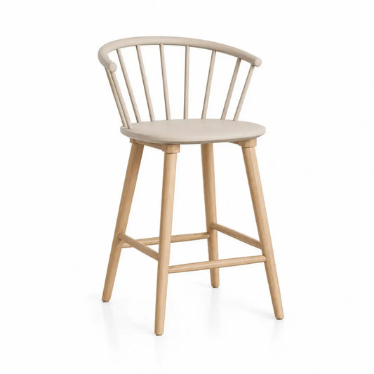 Barhocker Tresenhocker mit Spindellehne runder Sitzfläche massives Kautschukholz Beige Naturholzfarben 56 x 50 x 101 cm