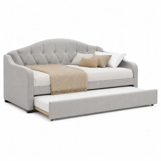Rechteckiges Tagesbett mit Ausziehbett 90 x 200 cm Polyestergewebe MDF Sperrholz Hellgrau 216 x 98 x 94 cm