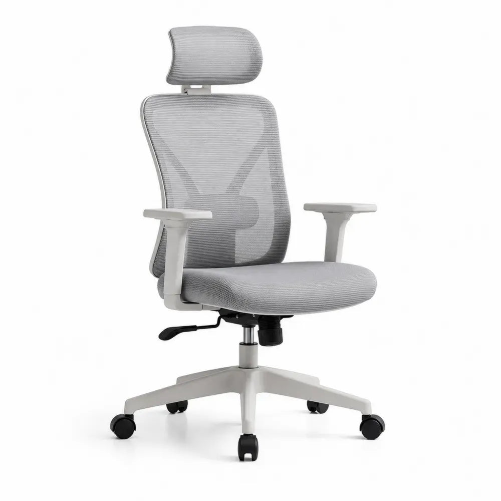 Bürostuhl Computerstuhl mit hoher Rückenlehne und rechteckiger Kopfstütze Polyester Netzgewebe Nylon Fußkreuz grau weiß schwarz 64 x 65 x 115 bis 125 cm