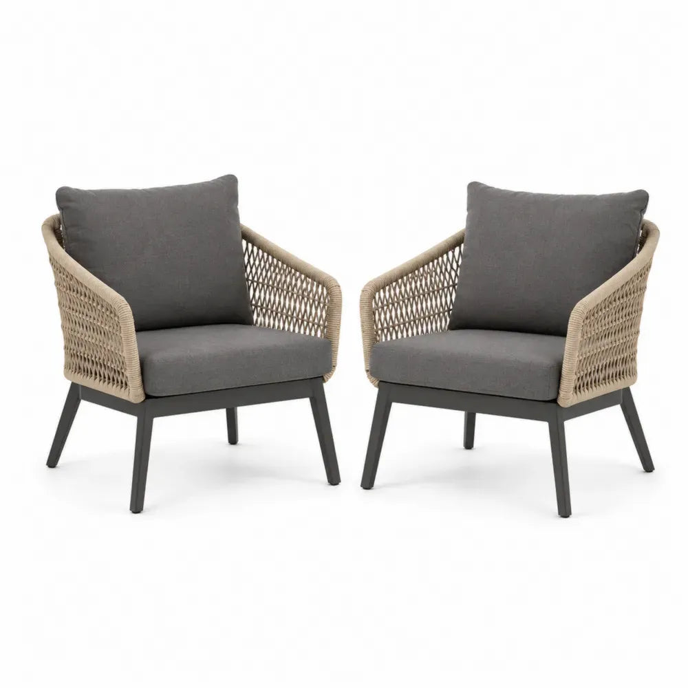 2er Set Gartenstuhl Lounge-Sessel mit Armlehnen und Kissen 74 x 78 x 82 cm Aluminiumrahmen Polypropylen-Seilgeflecht Dunkelgrau Taupe Anthrazit