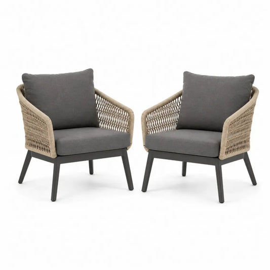 2er Set Gartenstuhl Lounge-Sessel mit Armlehnen und Kissen 74 x 78 x 82 cm Aluminiumrahmen Polypropylen-Seilgeflecht Dunkelgrau Taupe Anthrazit