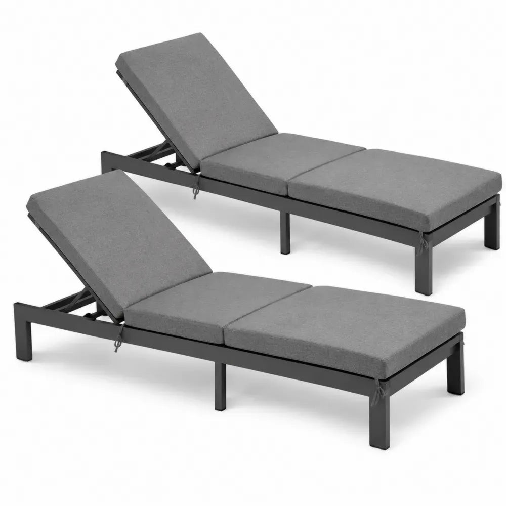 2er Set Gartenliege Sonnenliege mit Auflage und verstellbarer Rückenlehne Aluminiumrahmen Polyester grau schwarz 200 x 65 x 85 cm