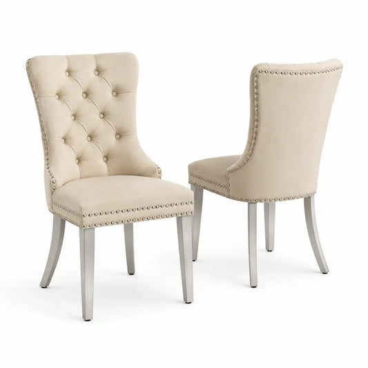 2er Set Esszimmerstühle mit Knopfheftung rechteckiger Sitzfläche Polyester Velours Kautschukholz Beige Silberfarben Schwarz 55 x 64 x 105 cm