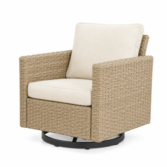 Gartenstuhl Lounge Sessel drehbar mit Armlehnen und Kissen aus PE Rattan Stahl Polyester beige natur schwarz 74 x 78 x 85 cm