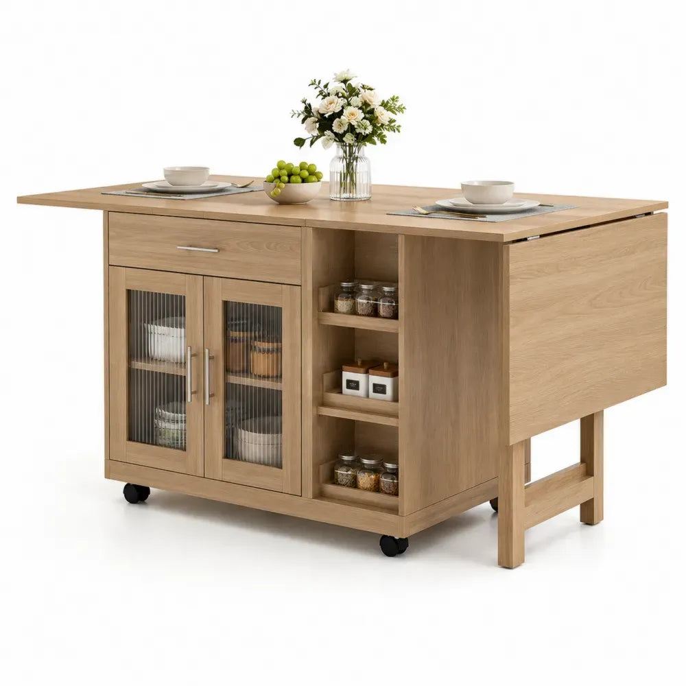 Kücheninsel Rollwagen mit Klapptisch 1 Schublade 2 Riffelglastüren MDF Spanplatte Eiche hell Silberfarben Schwarz 120-180 x 75 x 90 cm