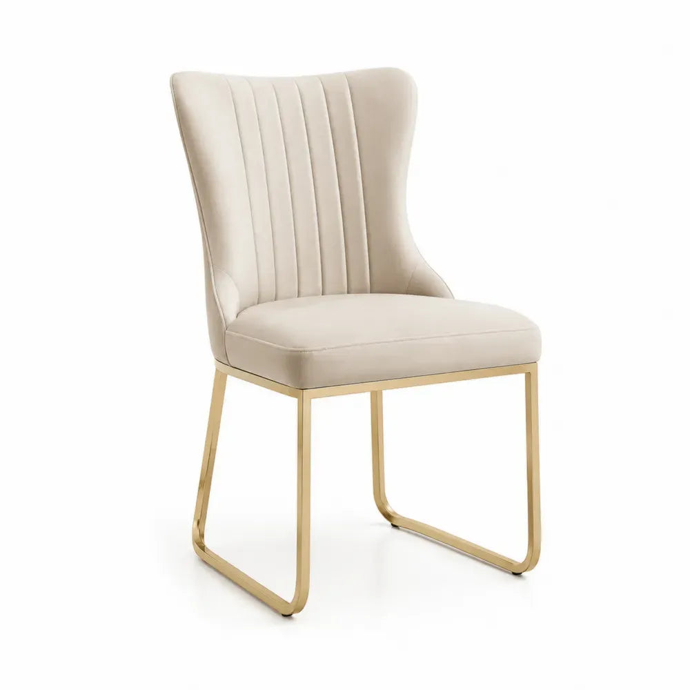 Esszimmerstuhl Polsterstuhl mit Stepplehne rechteckiger Sitzfläche Polyester-Velours Stahlgestell Beige Goldfarben 52 x 60 x 91 cm
