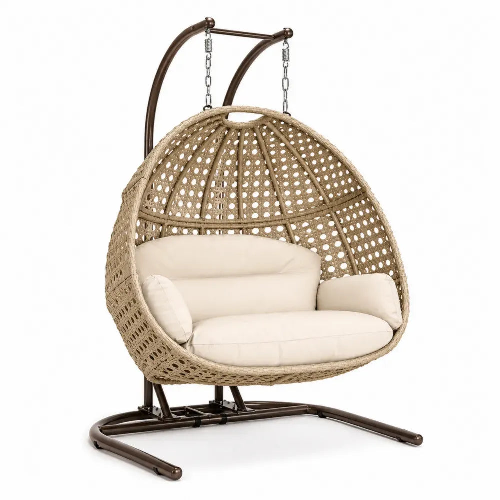 Doppelsitzer Hängesessel mit Gestell und Kissen oval 150 x 120 x 200 cm PE-Rattan Stahl Cremeweiß Naturbeige Dunkelbraun