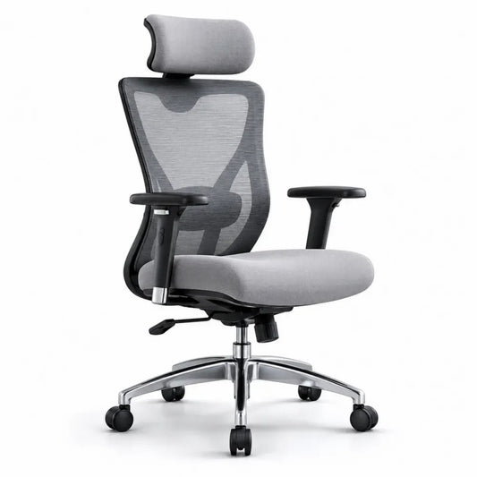 Bürostuhl Drehstuhl höhenverstellbar mit Kopfstütze Polyester-Netzgewebe Aluminium-Fünfsternfuß Grau Schwarz Silber 65 x 68 x 116-126 cm