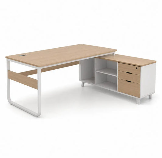 L-förmiger Schreibtisch mit Sideboard 160 x 120 x 75 cm melaminbeschichtete Spanplatte Stahlgestell Eiche hell Weiß Schwarz