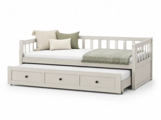 Rechteckiges Tagesbett mit Ausziehbett und Lattenrost 90 x 200 cm Kiefernholz MDF Cremeweiß Schwarz 205 x 97 x 86 cm