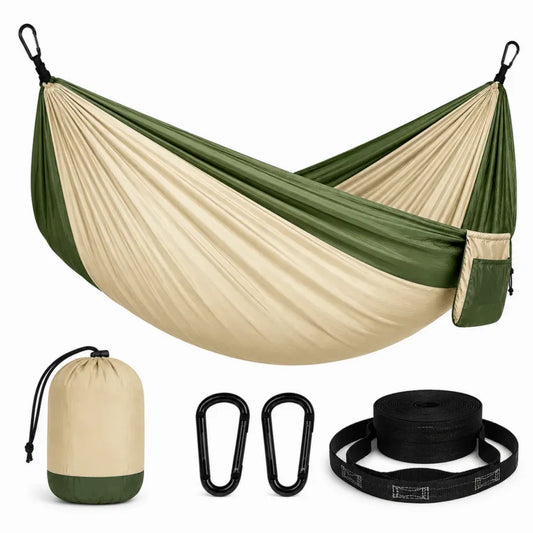 Outdoor Hängematte mit Karabinern und Aufhängegurten Olivgrün Beige Schwarz 290 x 140 cm Polyamid Ripstopgewebe