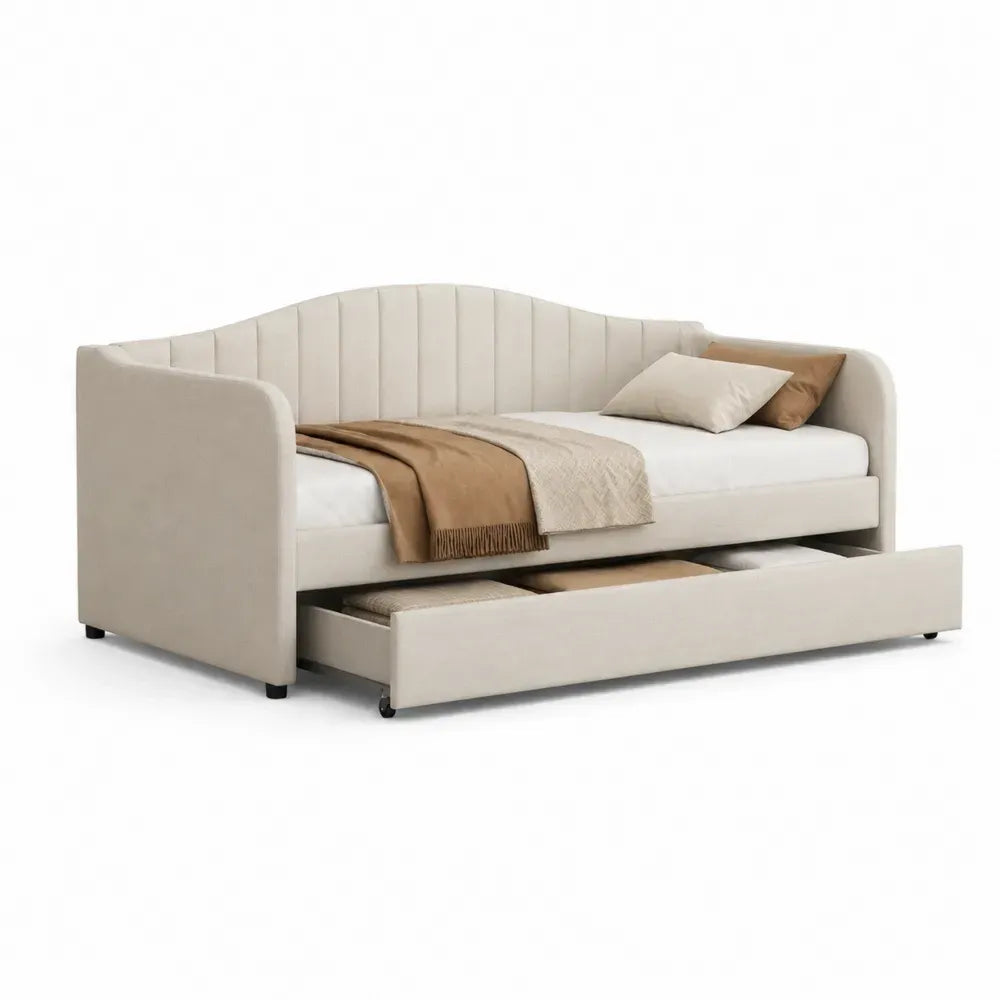 Tagesbett mit Auszugsschublade gepolstert rechteckig Polyestergewebe Kiefernholz MDF Beige Schwarz 212 x 101 x 92 cm
