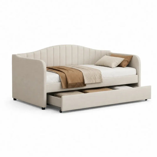 Tagesbett mit Auszugsschublade gepolstert rechteckig Polyestergewebe Kiefernholz MDF Beige Schwarz 212 x 101 x 92 cm