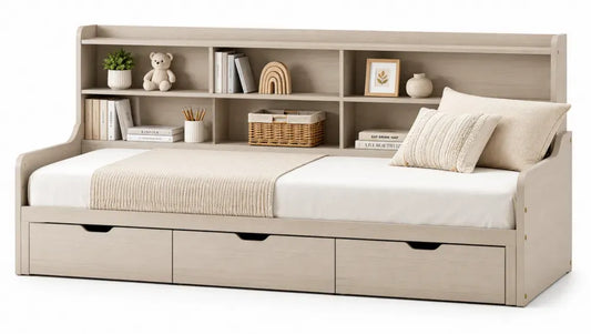 Rechteckiges Tagesbett 90 x 200 cm mit Regal und 3 Schubladen Spanplatte Eiche hell Schwarz 206 x 96 x 118 cm