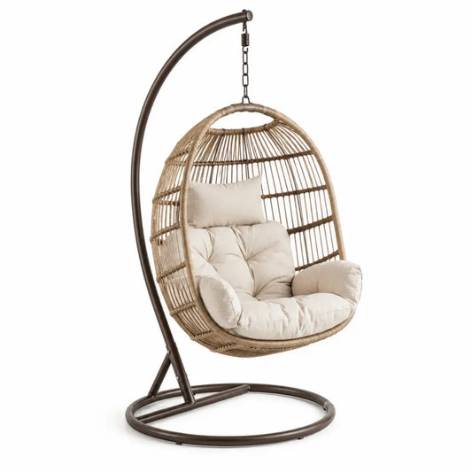 Hängesessel Set mit Gestell und Kissen PE-Rattan Stahl eiförmig Naturfarben Beige Dunkelbraun 105 x 95 x 195 cm