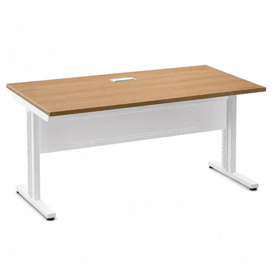 Rechteckiger Schreibtisch mit Kabeldurchlass melaminharzbeschichtete Spanplatte pulverbeschichteter Stahl eichefarben weiß 160 x 80 x 75 cm