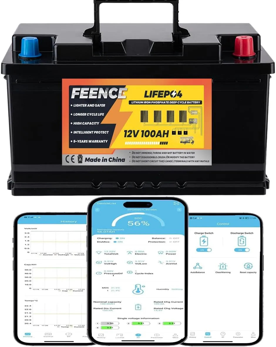 Mini formaat LifePO4-accu met 100 Ah, lithiumbatterij met 100 A BMS, 12 V, Mini formaat LifePO4-accu en marine, 15000 cycli en 10 jaar levensduur