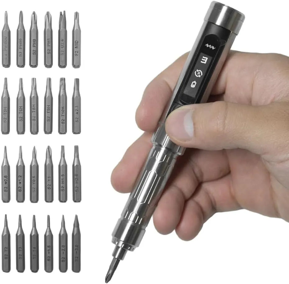 MINIWARE Schroevendraaierset ES15S met 4 mm en 5 snelheden, mini-elektrische schroevendraaier met LED-licht en 24 magnetische bits