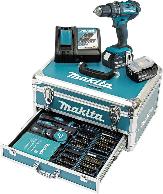 Makita lader DHP482RFX9 met 18 V, 0 Ah, aluminium en accessoires inbegrepen