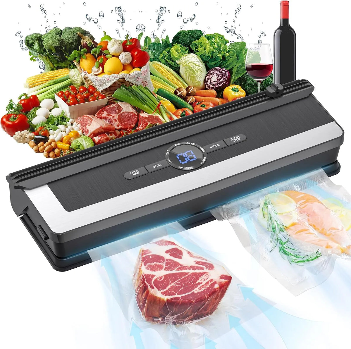 Koelkast met 85 kpa, 5-in-1, timer en digitaal display, 85 kpa vacumeermachine voor vlees