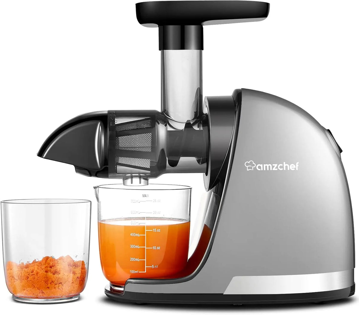 Slow Juicer Machine met 4-IN-1, RVS en zilver, Sapcentrifuge met 2 Kopjes en Borstel