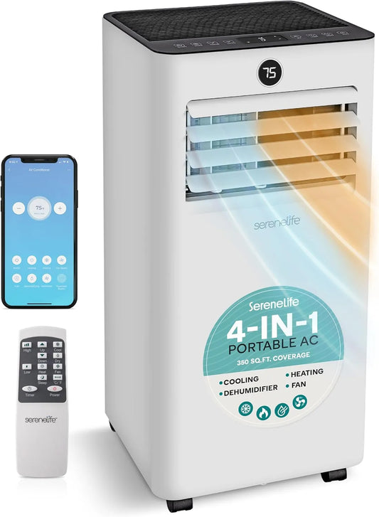 Mobiele airconditioner en Luchtontvochtiger, SereneLife, wifi, afdekking van 32 m2, 24-uurs timer en raammontageset inbegrepen, compact formaat, koude