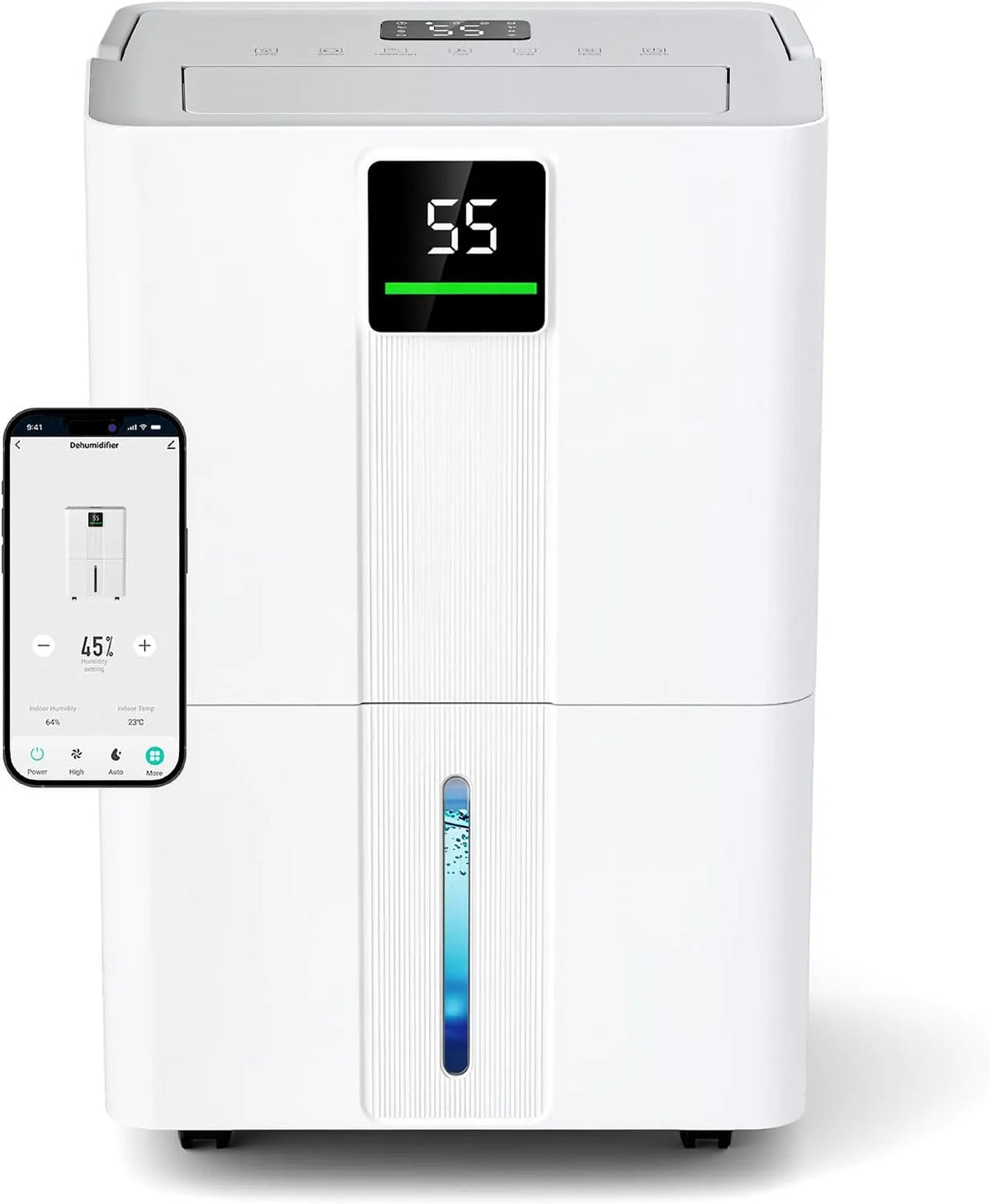 Luchtontvochtiger met 30 l, wifi, 30,5 x 23,5 x 49,4 cm, 30 °C, 120 m2, 38 dB, 5 °C en digitaal display