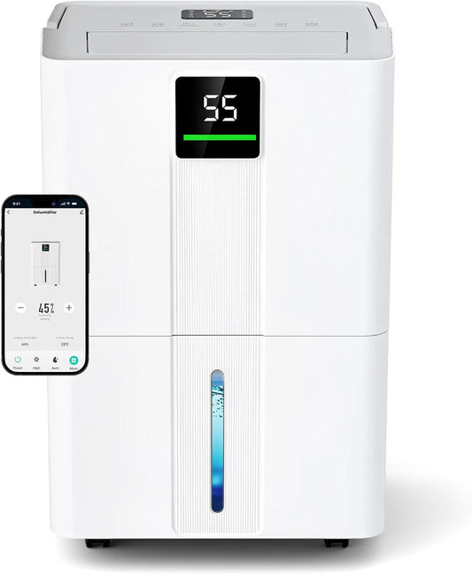 Luchtontvochtiger met 30 l, wifi, 30,5 x 23,5 x 49,4 cm, 30 °C, 120 m2, 38 dB, 5 °C en digitaal display
